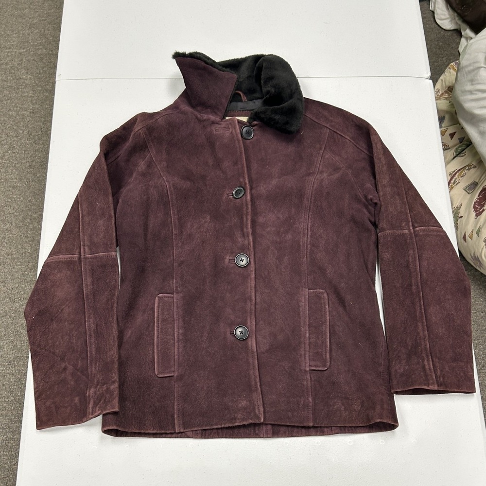 Vintage Suede Leather Jacket Womens S Burgundy Excellent Faux Fur Collar